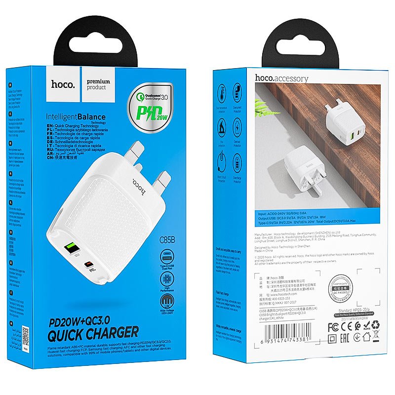 C85B Wall charger PD20W + QC3.0 UK plug